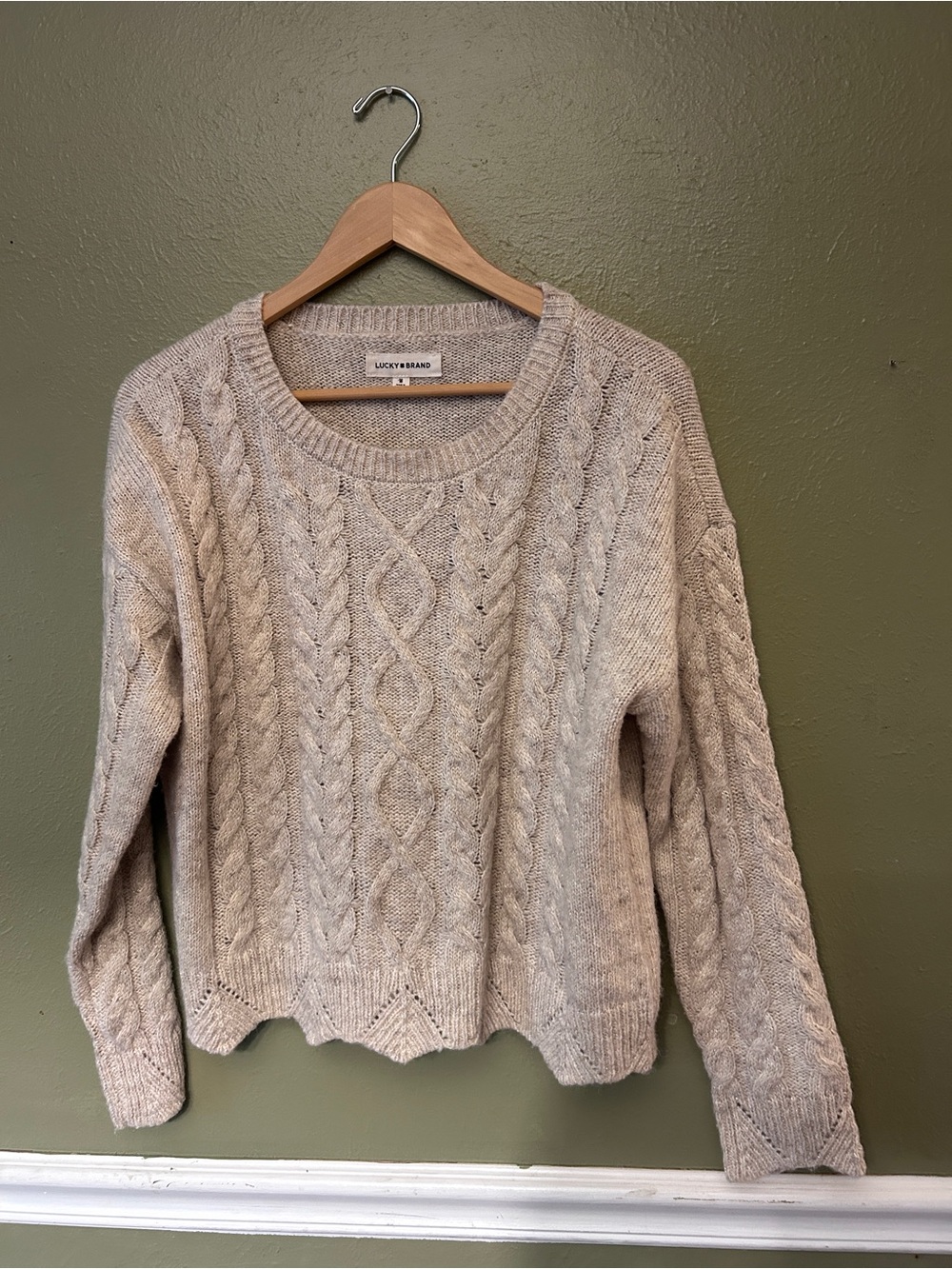 Lucky Brand Women's Cable Knit Fisherman Heritage Beige Metallic Sweater Medium